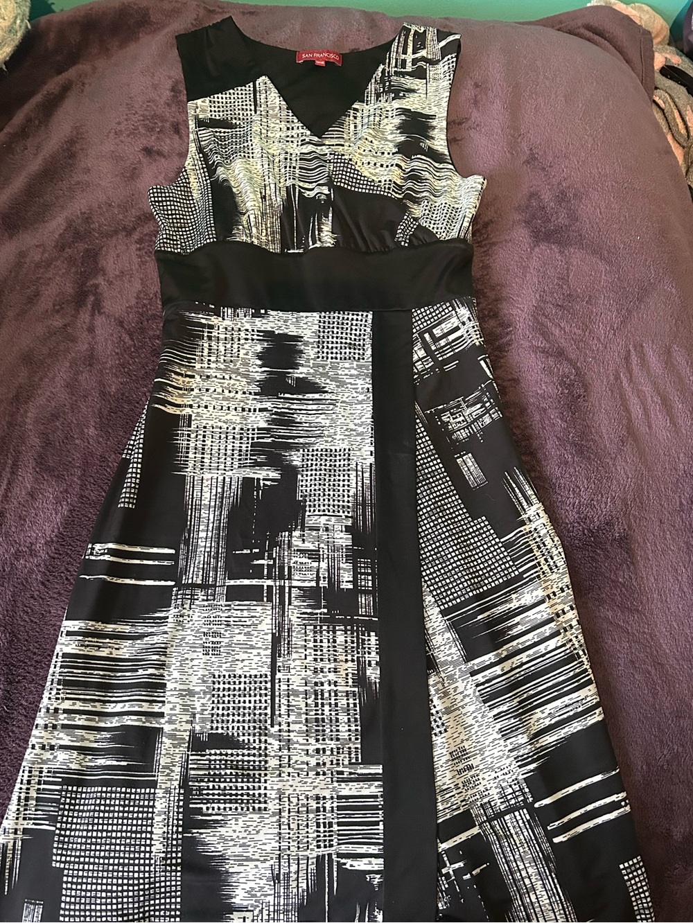 San Francisco Black & White Graphic Print Sleeveless Dress